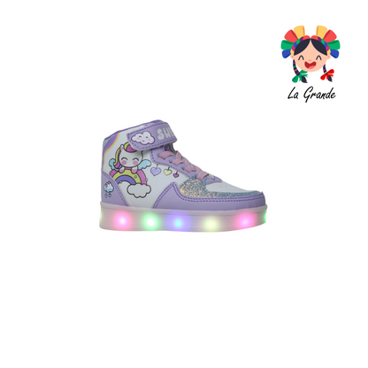 082-80 SPACE BOYS Blanco Lila tenis tipo bota con luces LED infantil niña