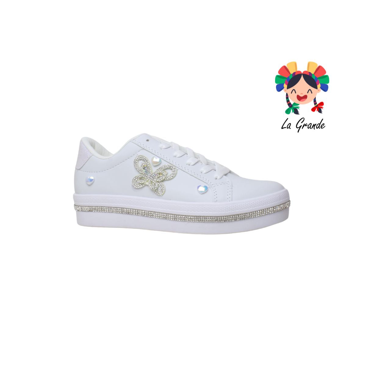 1061 FRIDAYS Blanco Plata tenis choclo para dama con decoracion de mariposa