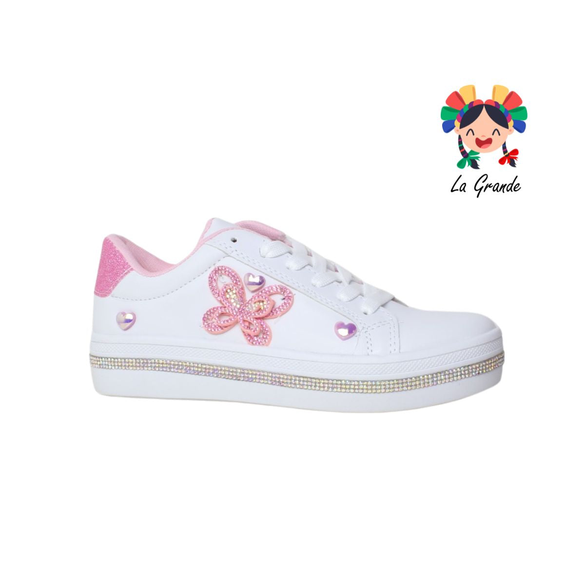 1061 FRIDAYS Blanco Rosa  Sint Tenis  choclo para Niña y  Dama con Decoracion de Mariposa