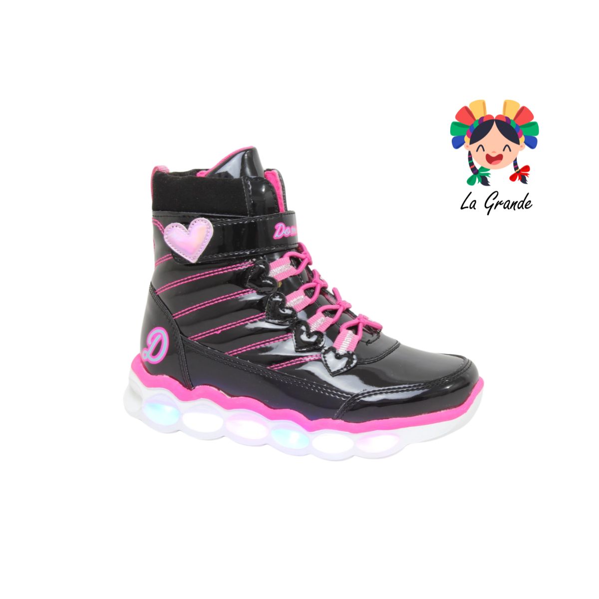 1441 DOMINIQ Negro Rosa Charol Bota Casual con Luces Para Niña