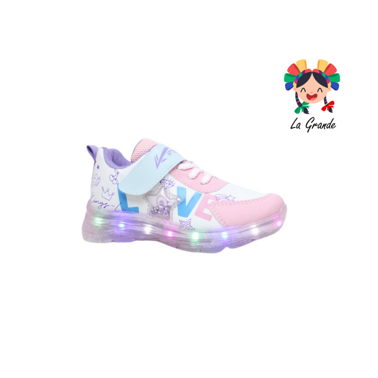 1608 KINGS-LU Blanco Rosa Lila Sint Tenis Casuales con Luces LED para Niña