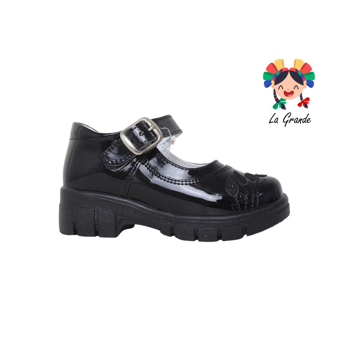 1800 LADY FLORES Negro Charol Zapato Escolar para Niña