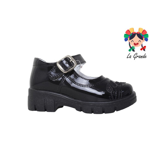 1800 LADY FLORES Negro Charol Zapato Escolar para Niña Infantil