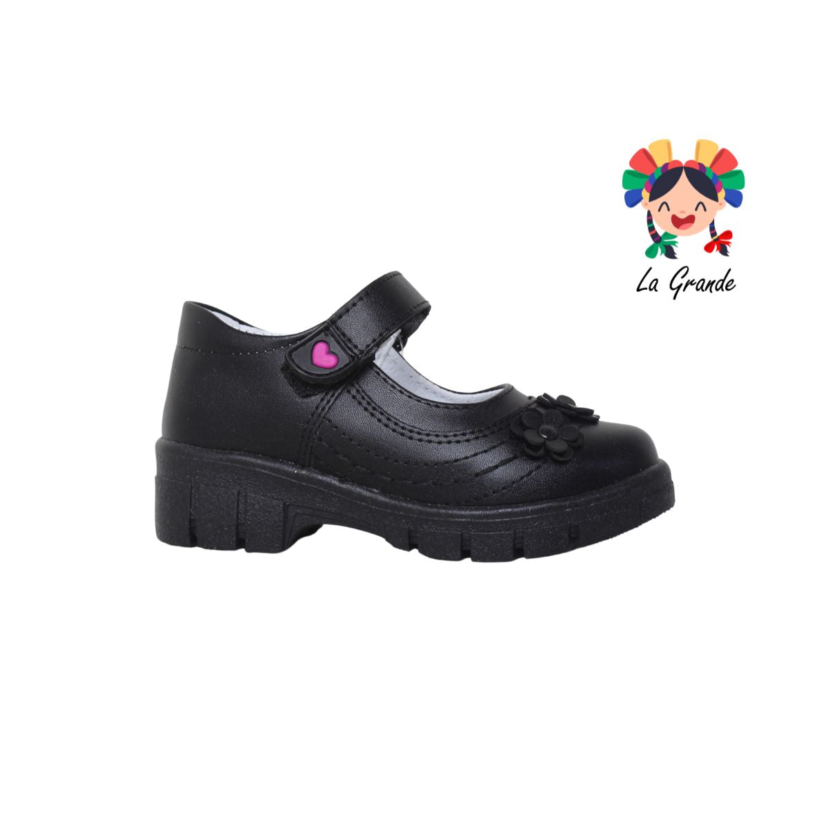 1809 LADY FLORES Negro Sintético Zapato Escolar para Niña Infantil