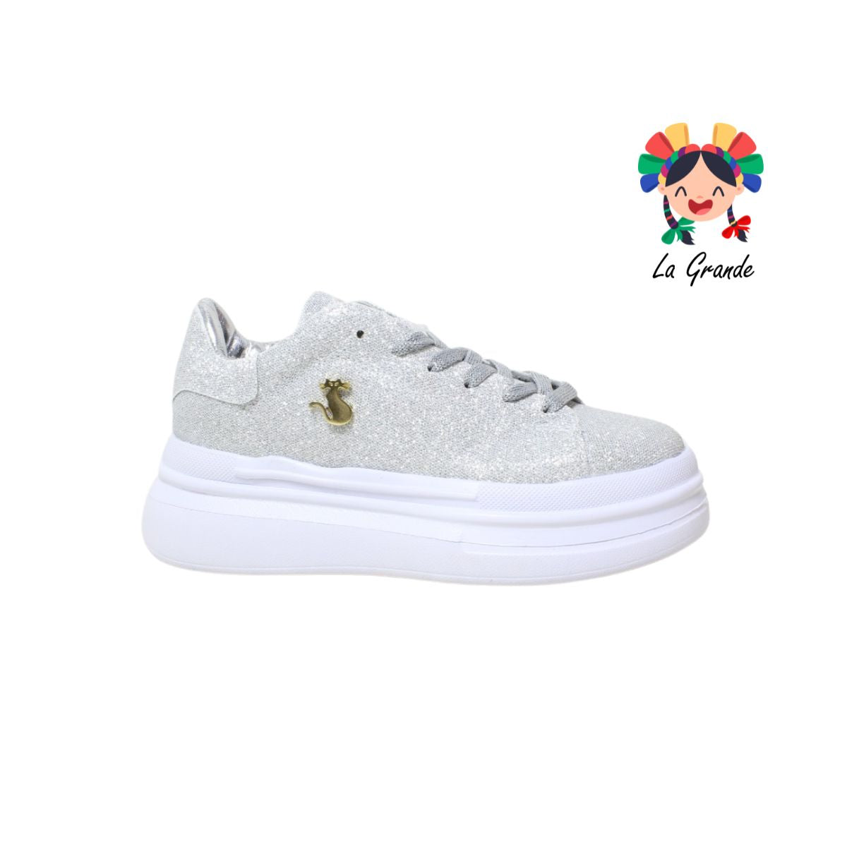 2094 SHADOW Blanco Glitter Plata Textil Tenis Choclo para Dama