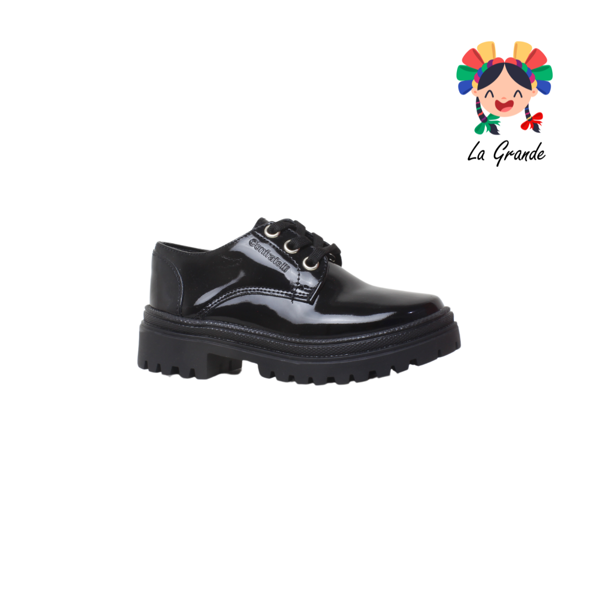 23-E-07 CONFRATELLI Negro Sint Charol Zapato Escolar para Niña