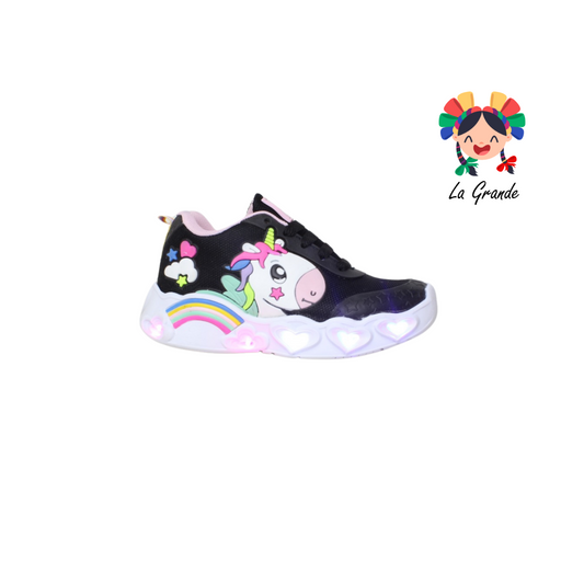 3050 UNICORNIO PLAY COLORS Negro Rosa Sint Tenis Casuales con Luces Led para Niña